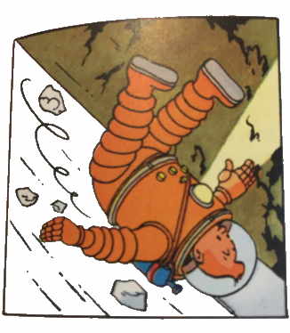Tintin glissant sur un sol lunaire glacé