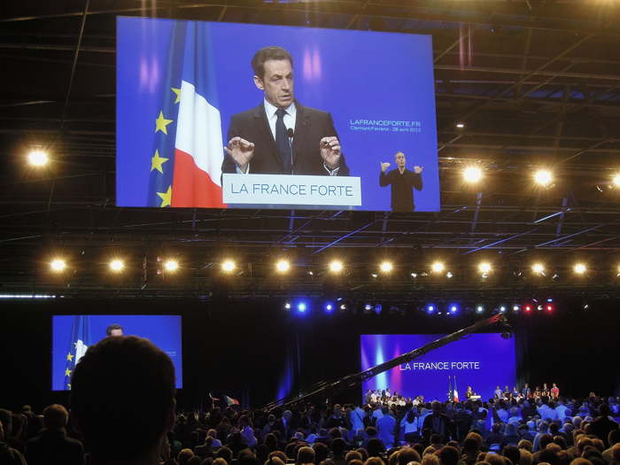 Discours de Nicolas Sarkozy pendant la 666e heure, le Samedi 28 Avril 2012, à Clermont-Cournon d'Auvergne  entre les deux tours de scrutin des élections présidentielles 2012