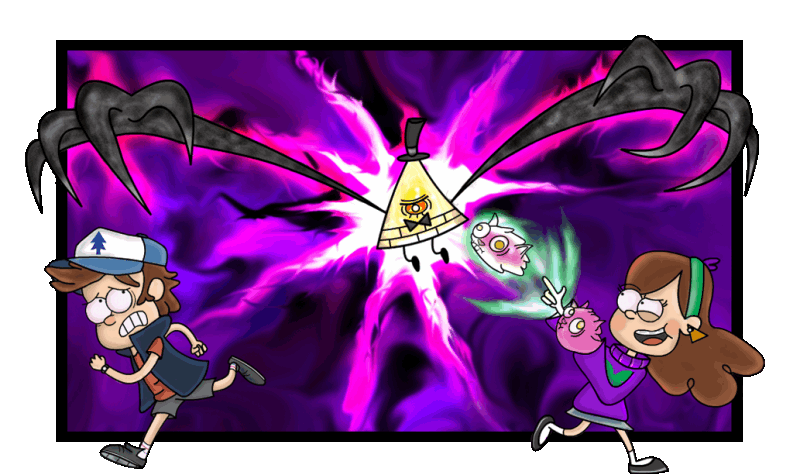 Illustration ludique: Bill Cipher, Dipper et Mabel
