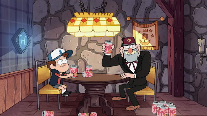 Stan et Dipper consommant des Pitt Cola  Capture d'écran: série "Gravity Falls" sur Disney channel 411