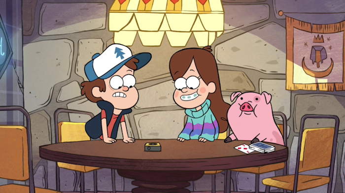 Dipper et Mabel contemplent la machine à voyager dans le temps