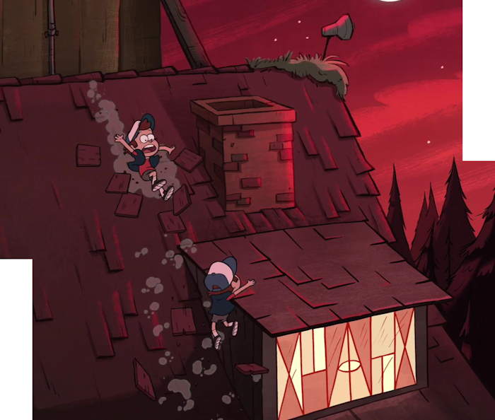 Toit de la cabanne aux mystères  Capture d'écran: série "Gravity Falls" sur Disney channel 411  - Cliquer sur l'image pour obtenir un agrandissement -