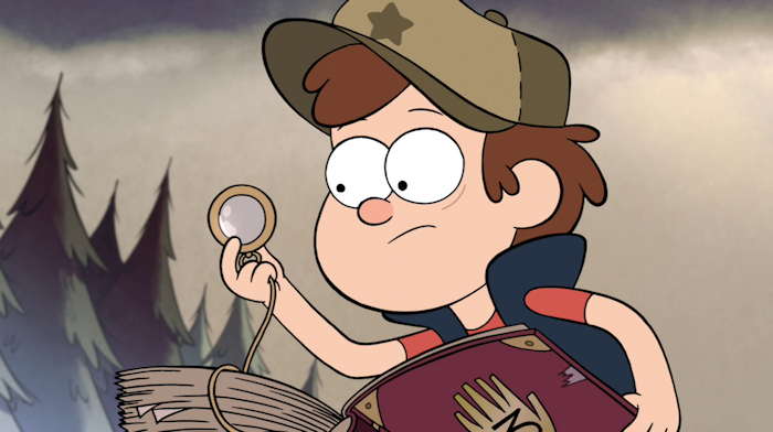 Dipper, un monocle à la main et le Livre n°3  Capture d'écran: série "Gravity Falls" sur Disney channel 411