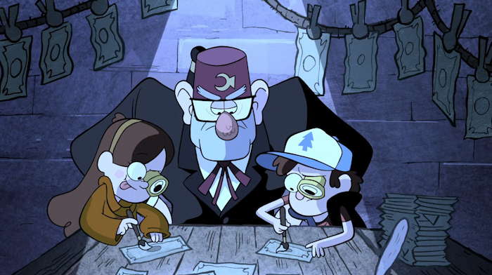 Mabel et Dipper fabriquent de faux billets  sous l'œil de Stan/Satan