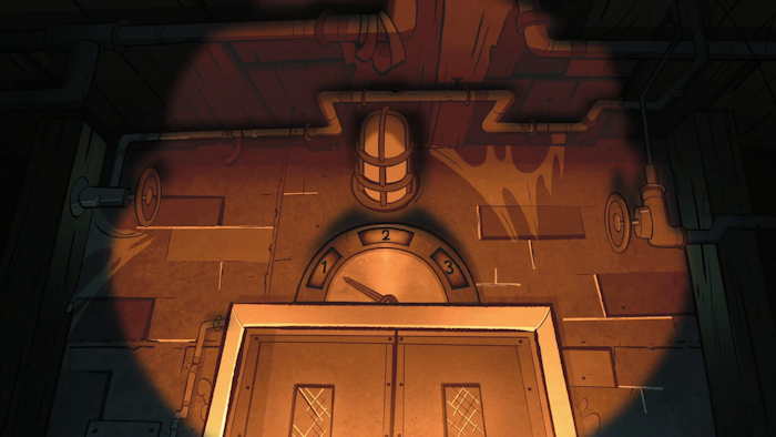 Ascenseur secret de Stan pour gagner son laboratoire  Trois étages en rappel du triple 666 digital formé par les 3 livres  Capture d'écran: série "Gravity Falls" sur Disney channel 411