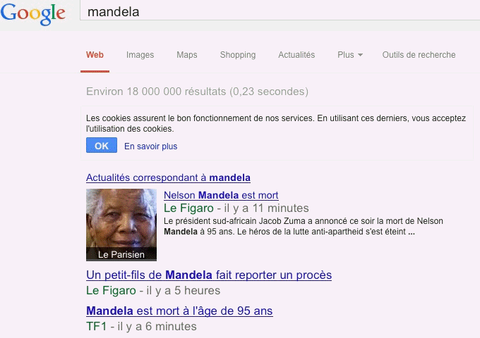 capture d'écran: annonce de la mort de Nelson Mandela