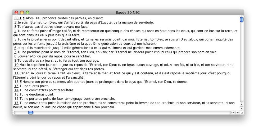 Capture d'écran: "Les Dix Commandements" Exode 20/1-17 version Bible Louis Segond NEG  