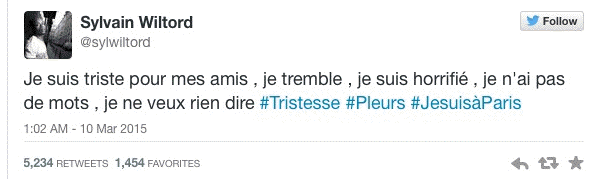 Tweet de Sylvain Wiltord à la suite du crash du 9 Mars 2015