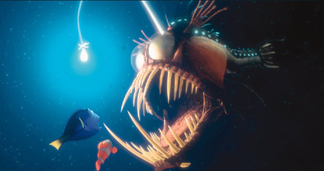 Baudroie abyssale dans le film "Le monde de Nemo", Disney (c).