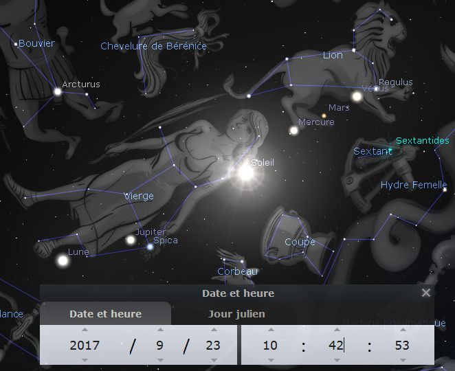 Contellation de la Vierge le 23 Septembre 2017   12 étoiles avec en prime l'alignement de Vénus, Mars et Mercure avec Régulus, le soleil, Jupiter et la lune.. 