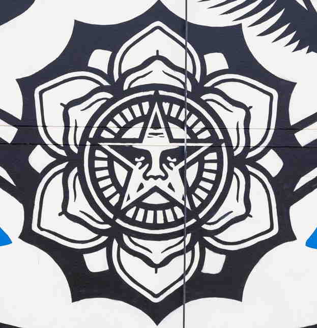 Détail en gros-plan de la fresque de S. Fairey