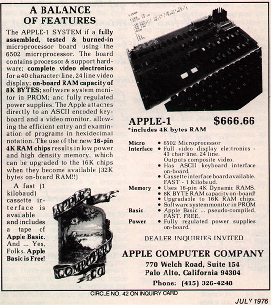 Pub pour un Apple 1 en Juillet 76 vendu 666,66$