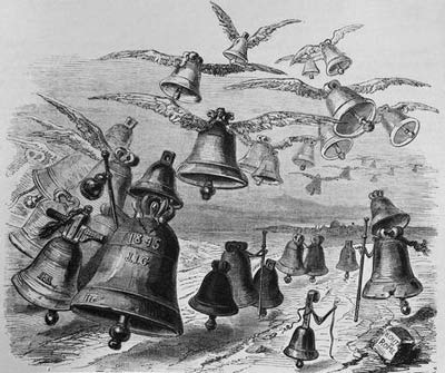 La gravure de Grandville (1803-1847) intitulée Le Voyage des cloches à Rome.