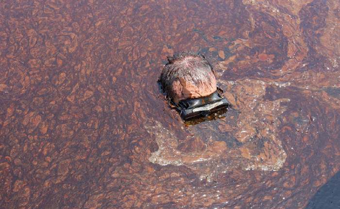 Plongeur évoluant dans une nappe de pétrole dans le Golfe du Mexique