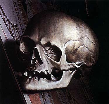 "Les Ambassadeurs": double portrait de Jean de Dinteville et Georges de Selve peint par Hans Holbein le Jeune -  Détail: anamorphose en forme de crâne 
