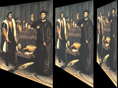 "Les Ambassadeurs": double portrait de Jean de Dinteville et Georges de Selve peint par Hans Holbein le Jeune -  Détail: anamorphose en forme de crâne 