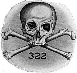 Emblème de la société Skull and Bones. Il montre le nombre 322 surmonté d'un crâne sans mandibule et deux os longs croisés