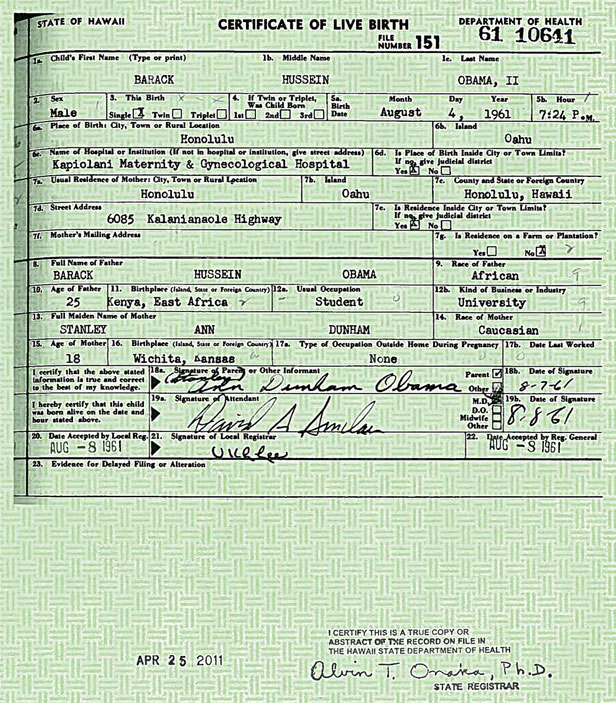 "Copie" véritable du document original (certificat de naissance de B. Obama) fait à Hawaï